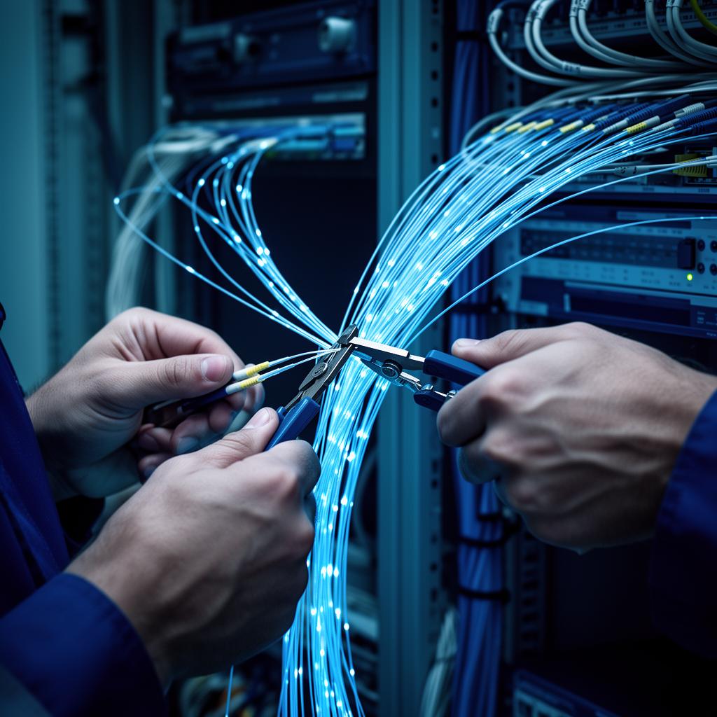 Technicians splicing glowing fiber optic cables